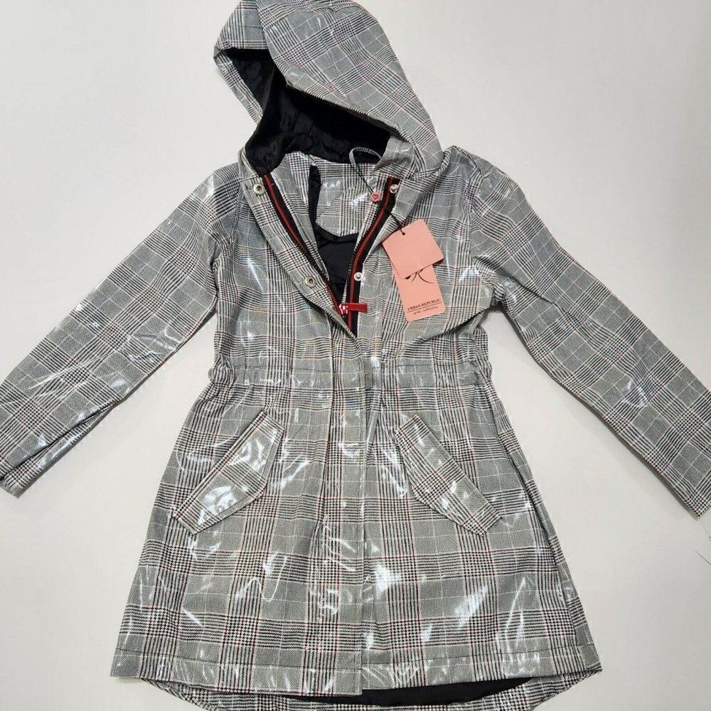 NEW Urban Republic - Size L (6X) - Girls Gray Plaid Zip Button Hooded Raincoat